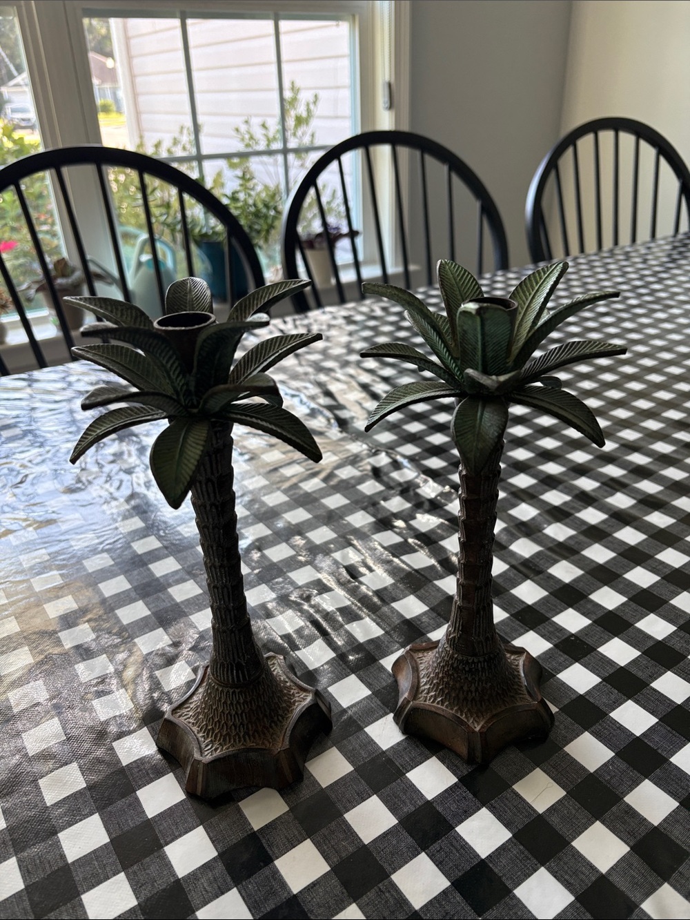 Palm Tree Metal Candle Holders in Green and Bronze